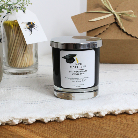 Personalised graduation candle with custom name and degree – Hideaway Home Fragrances