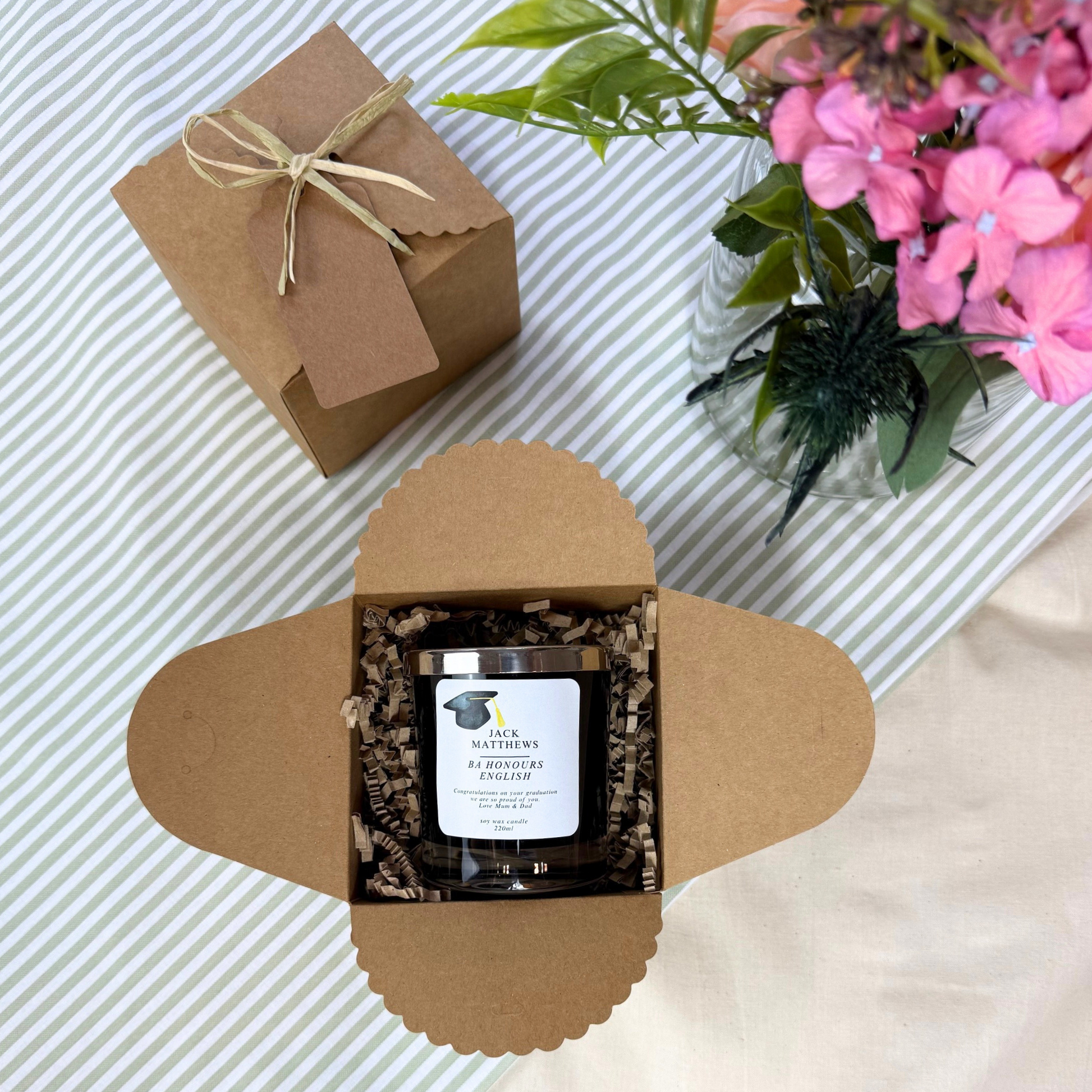 Elegant personalised candle keepsake to honour academic achievement – Hideaway Home Fragrances