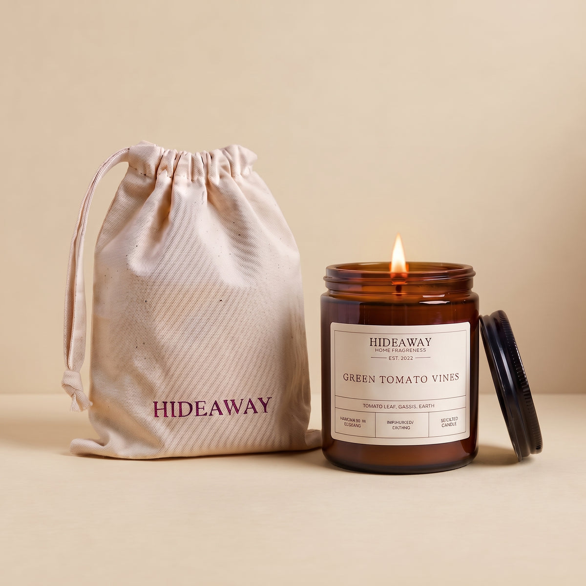 Green tomato vines amber glass candle with fresh botanical scent by Hideaway Home Fragrances