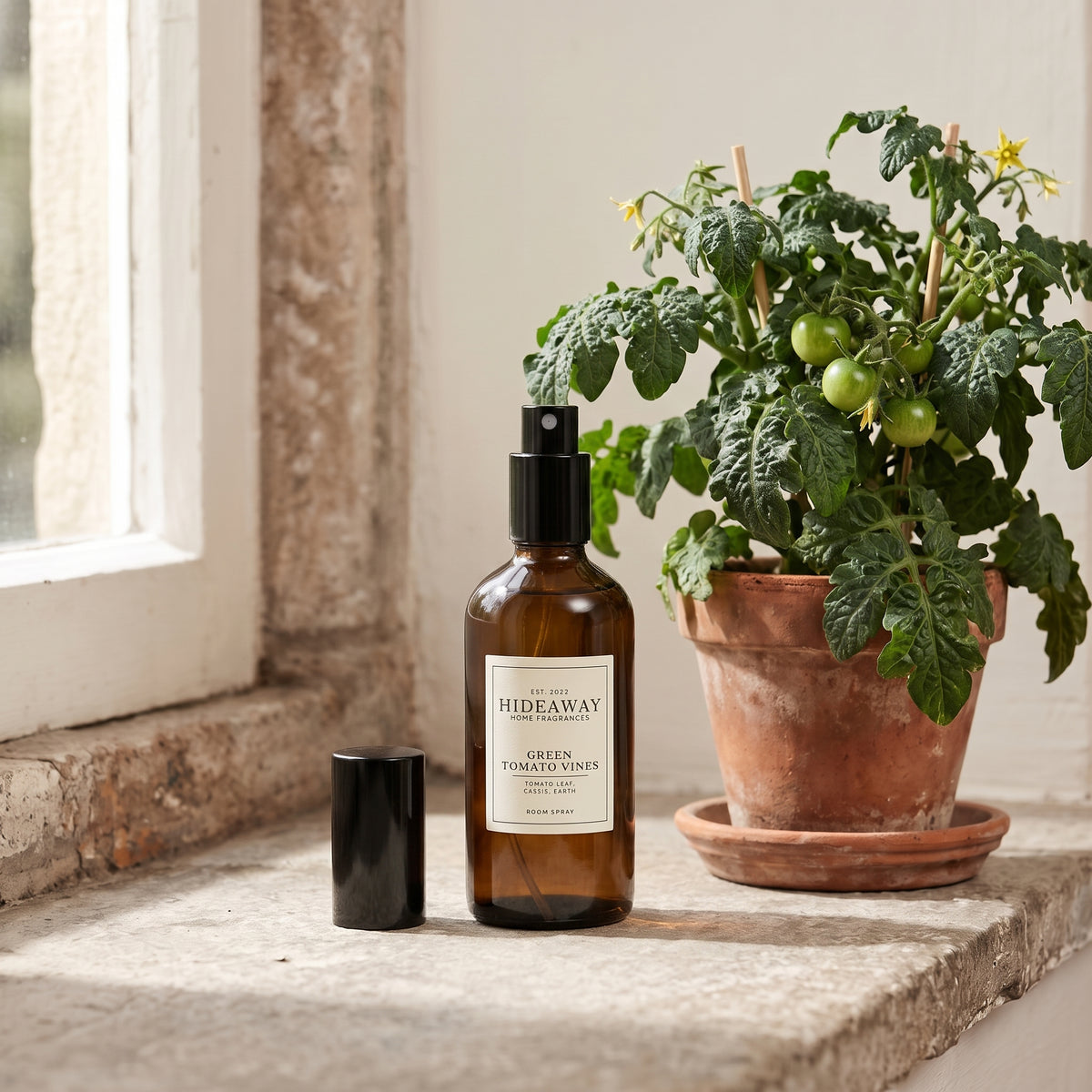 Scent notes graphic for Hideaway Home Fragrances green tomato vines room spray highlighting earthy tomato leaves, cassis, orange blossom, and amber.