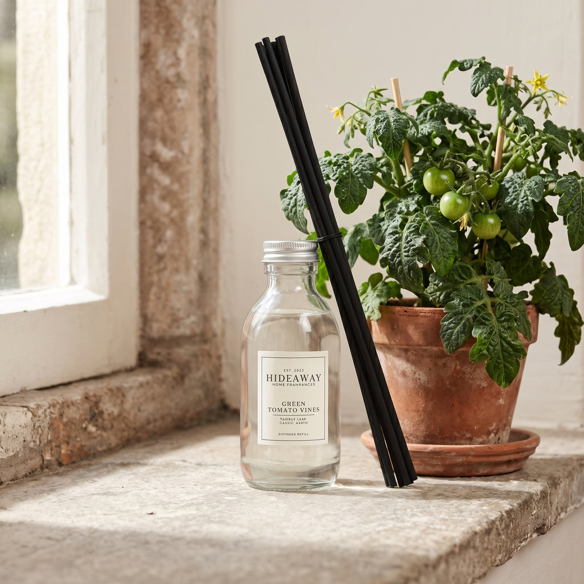 Hideaway Home Fragrances green tomato vines reed diffuser refill liquid bottle showing fragrance notes on label