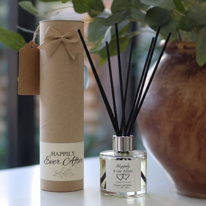 Romantic "Happily Ever After" wedding day gift set featuring a luxury scented candle and matching reed diffuser – Hideaway Home Fragrances
