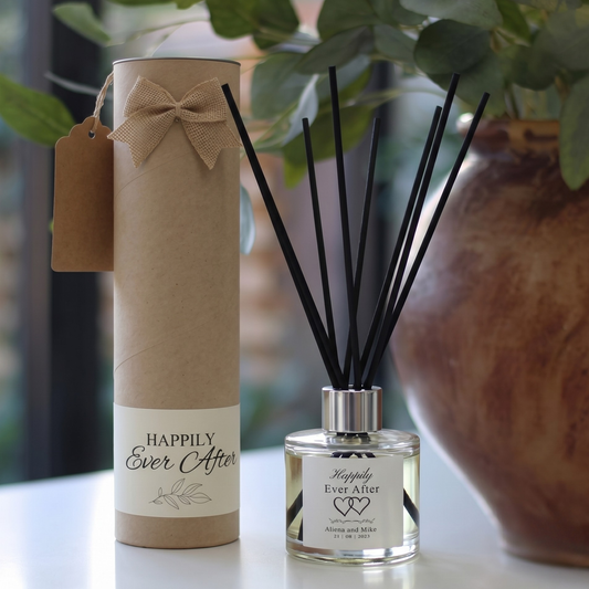 Romantic "Happily Ever After" wedding day gift set featuring a luxury scented candle and matching reed diffuser – Hideaway Home Fragrances