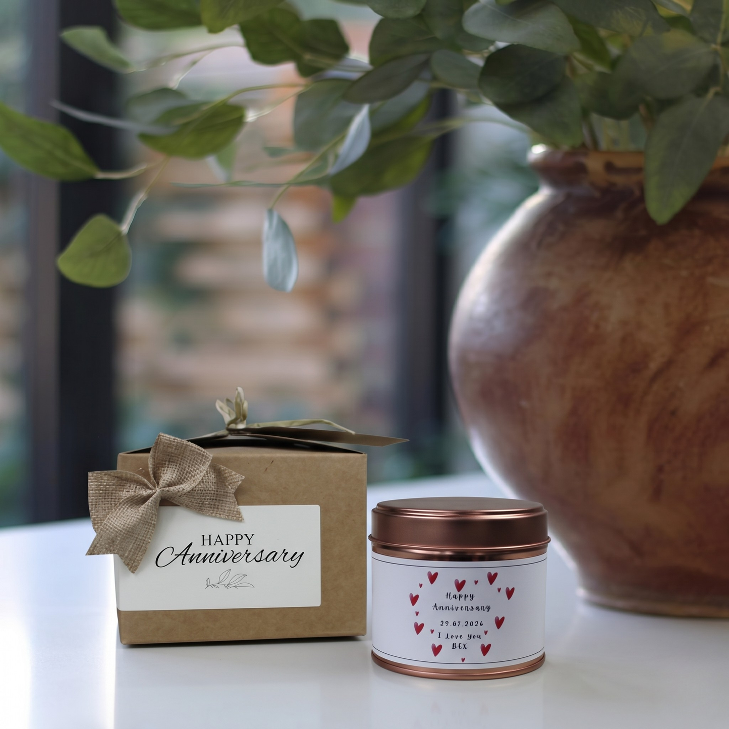 Custom anniversary keepsake gift box featuring a love heart date candle and reed diffuser