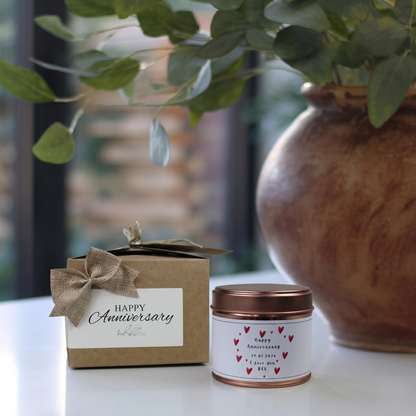 Custom anniversary keepsake gift box featuring a love heart date candle and reed diffuser