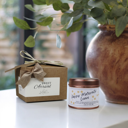 Custom luxury maternity leave gift box featuring a personalized pregnancy coworker leaving candle and matching home fragrance diffuser by Hideaway Home Fragrances.