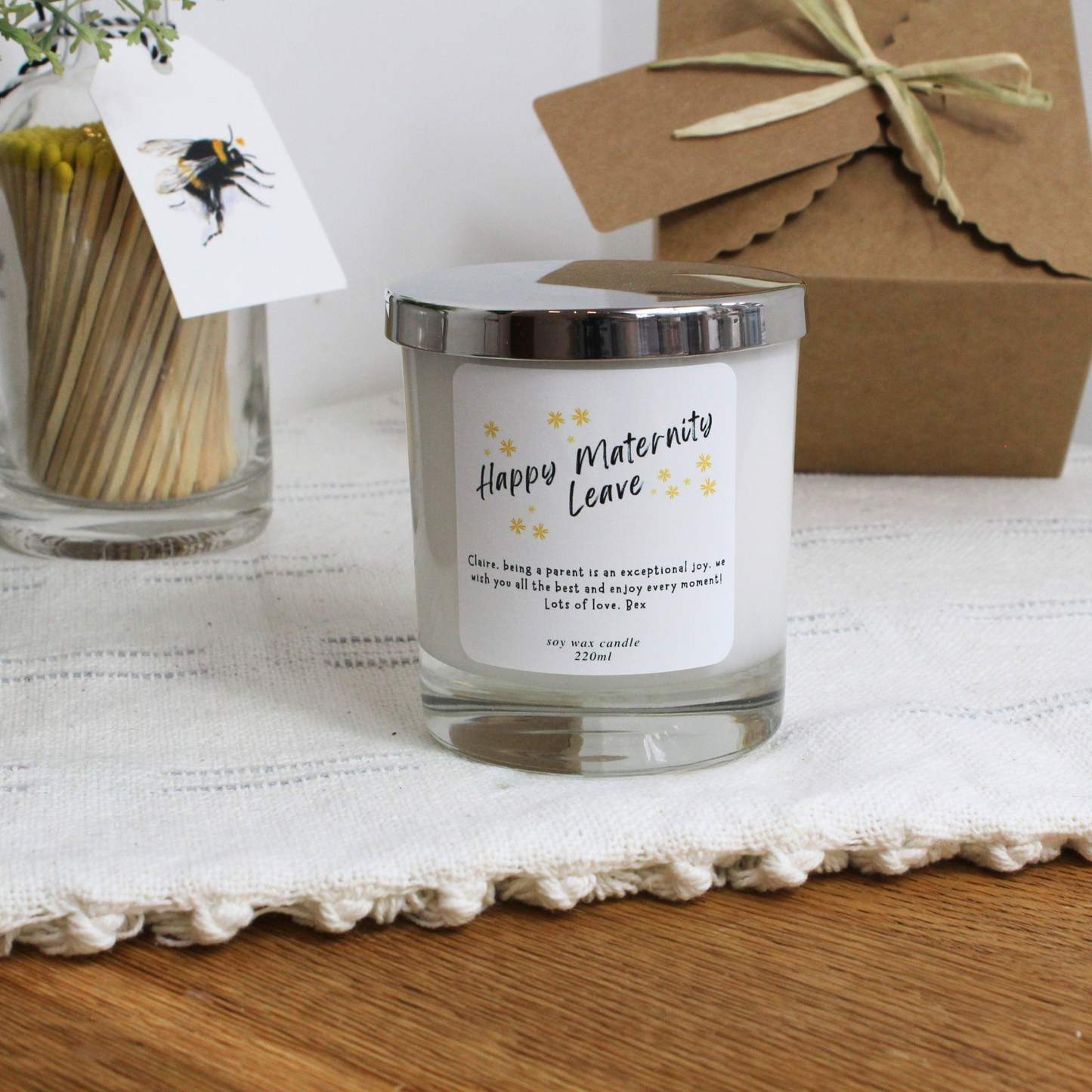 Happy Maternity Leave personalised candle with heartfelt message for new mum – Hideaway Home Fragrances