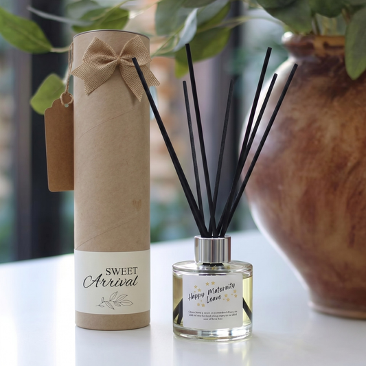 Personalised "Happy Maternity Leave" candle and luxury reed diffuser keepsake gift set, beautifully packaged and ready to gift by Hideaway Home Fragrances.