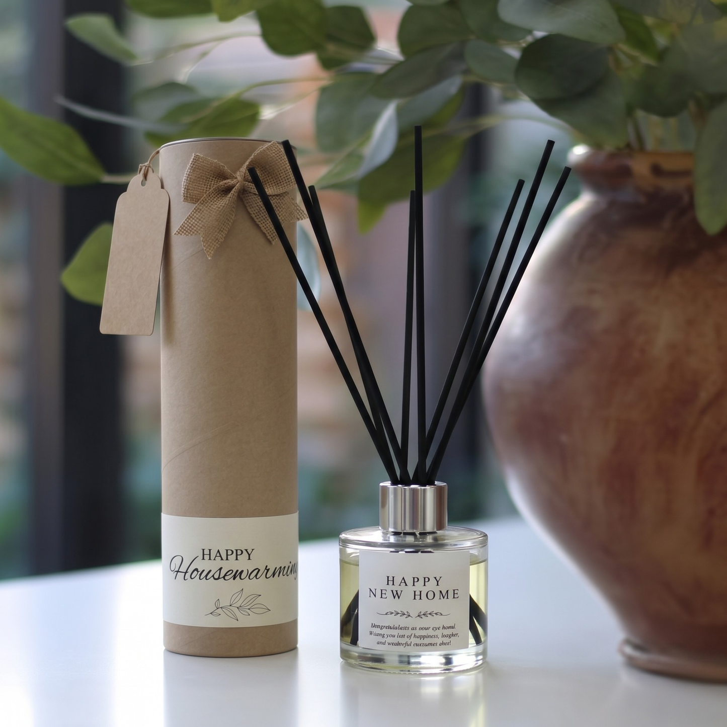 Happy new home personalised candle and luxury reed diffuser keepsake gift set, beautifully packaged and ready to gift by Hideaway Home Fragrances.