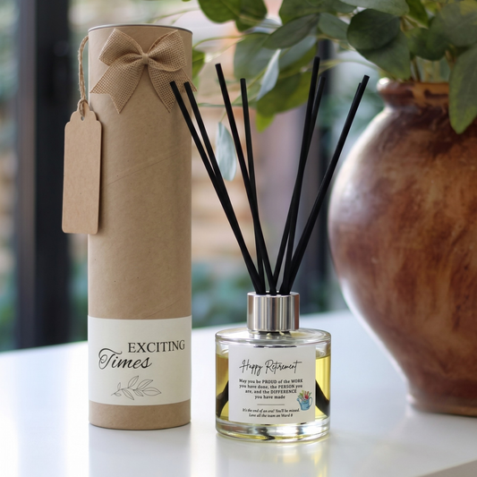 Personalised "Happy Retirement" meaningful quote candle and luxury reed diffuser keepsake gift set, beautifully packaged and ready to gift by Hideaway Home Fragrances.