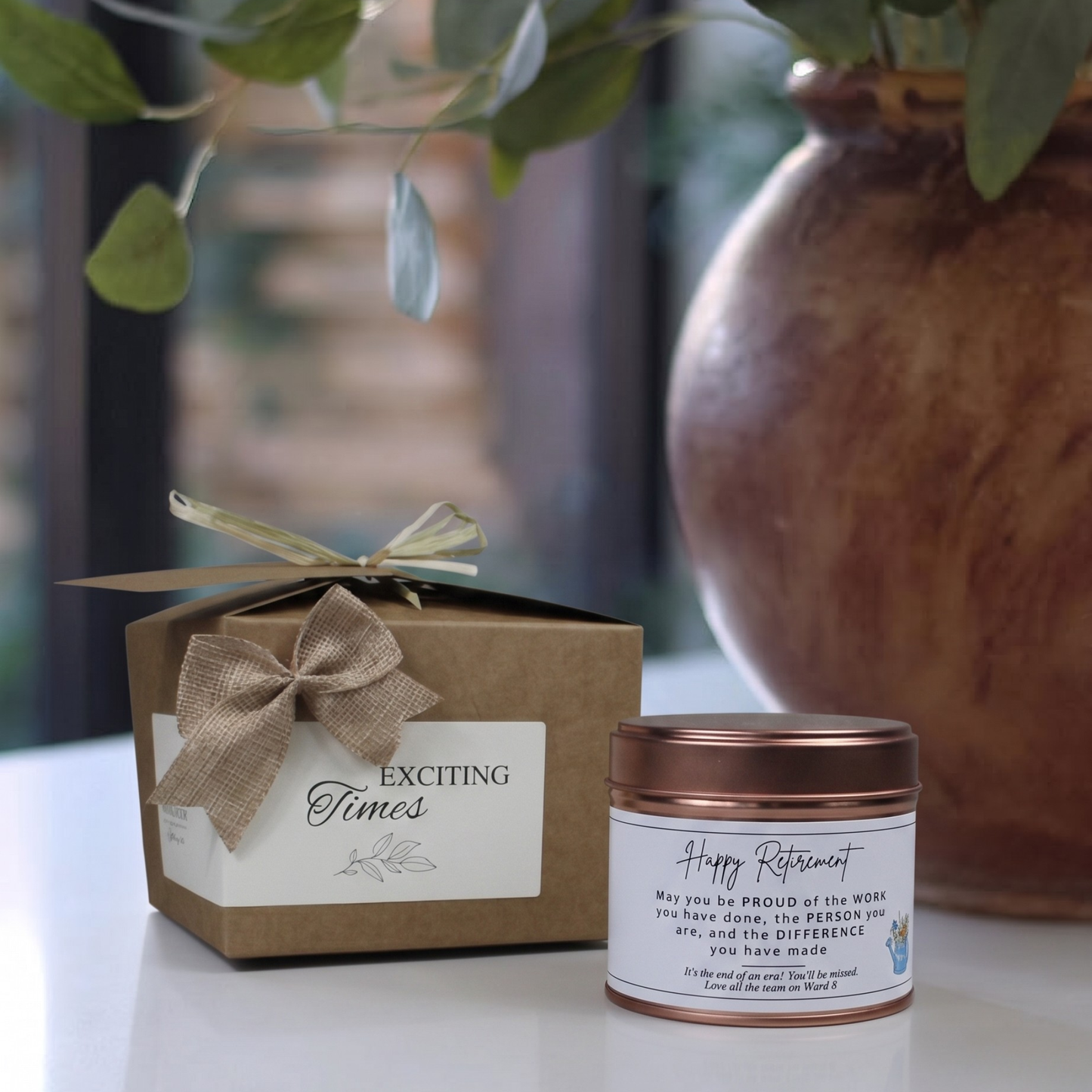 Custom luxury retirement congratulations gift box featuring a sentimental quote coworker farewell candle and matching home fragrance diffuser by Hideaway Home Fragrances.