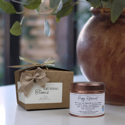 Custom luxury retirement congratulations gift box featuring a sentimental quote coworker farewell candle and matching home fragrance diffuser by Hideaway Home Fragrances.