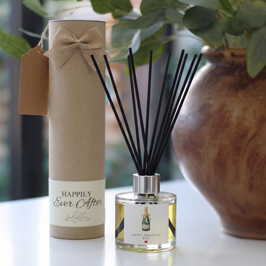 Luxury "Champagne Wedding Day" gift set featuring a personalised scented candle and matching reed diffuser – Hideaway Home Fragrances