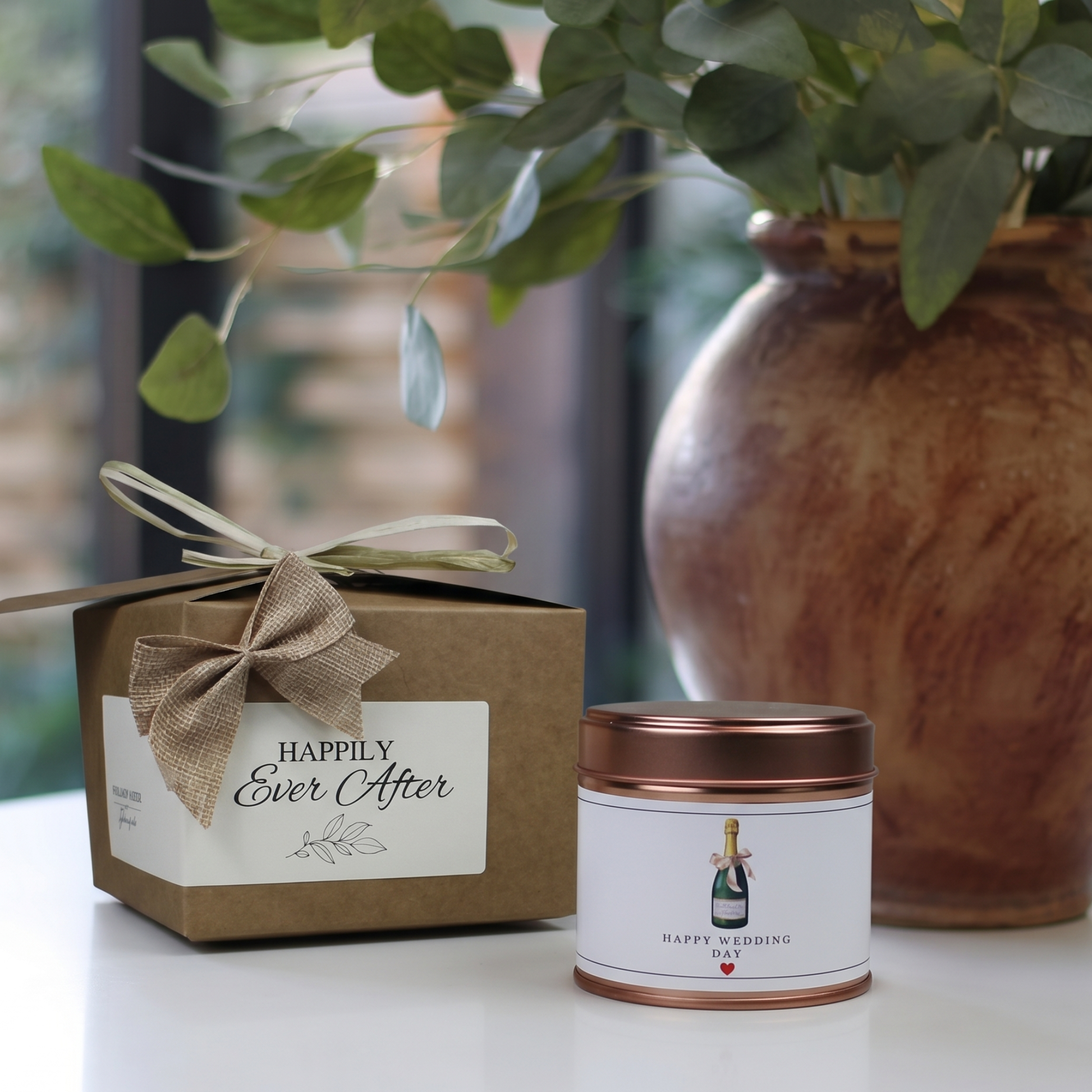 Ready-to-gift wedding celebration keepsake box containing a custom handmade soy candle and home diffuser – Hideaway Home Fragrances