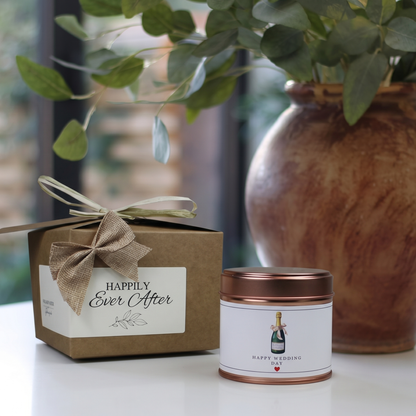Ready-to-gift wedding celebration keepsake box containing a custom handmade soy candle and home diffuser – Hideaway Home Fragrances