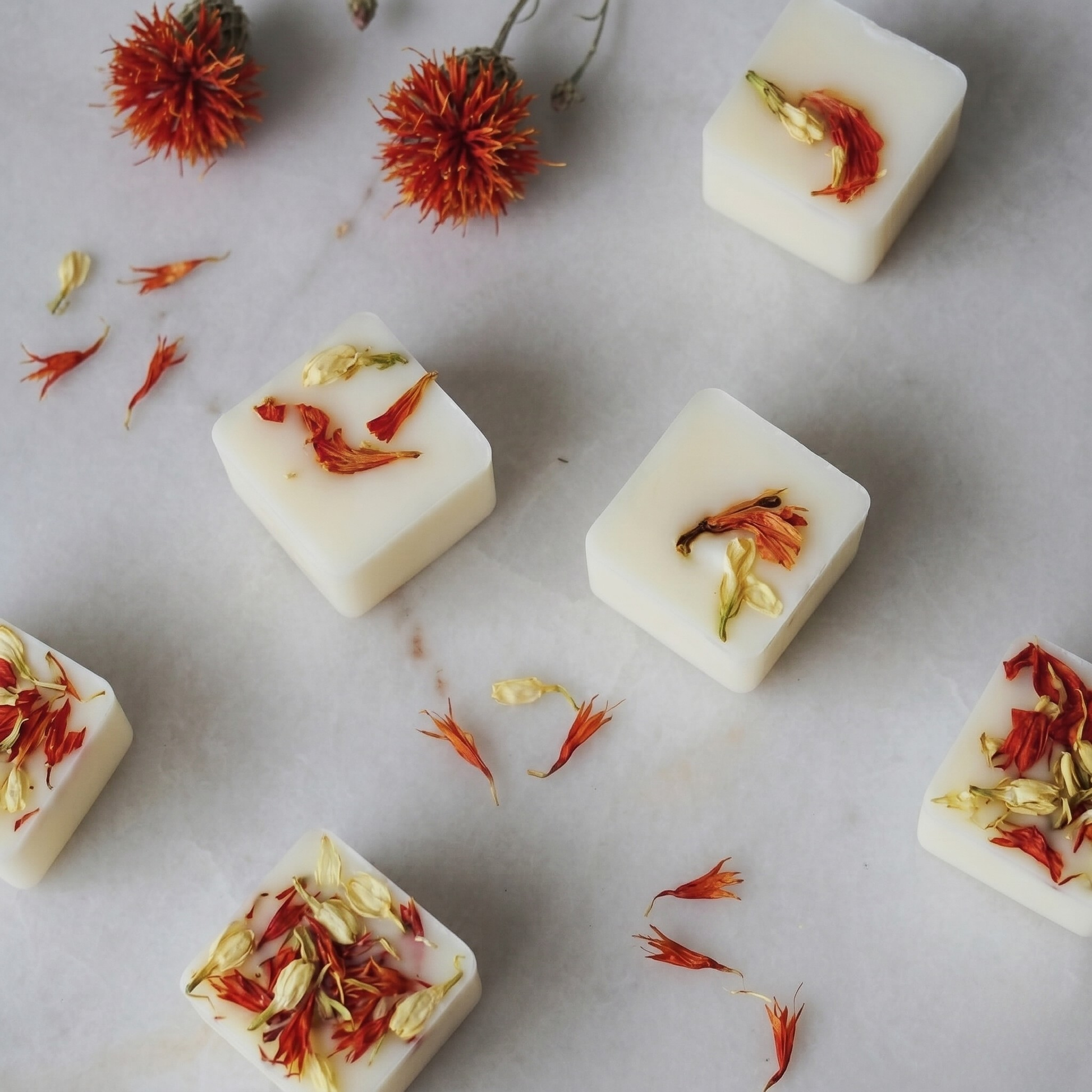 Close-up of handmade Heritage Noir soy wax melts topped with dried botanicals - Hideaway Home Fragrances