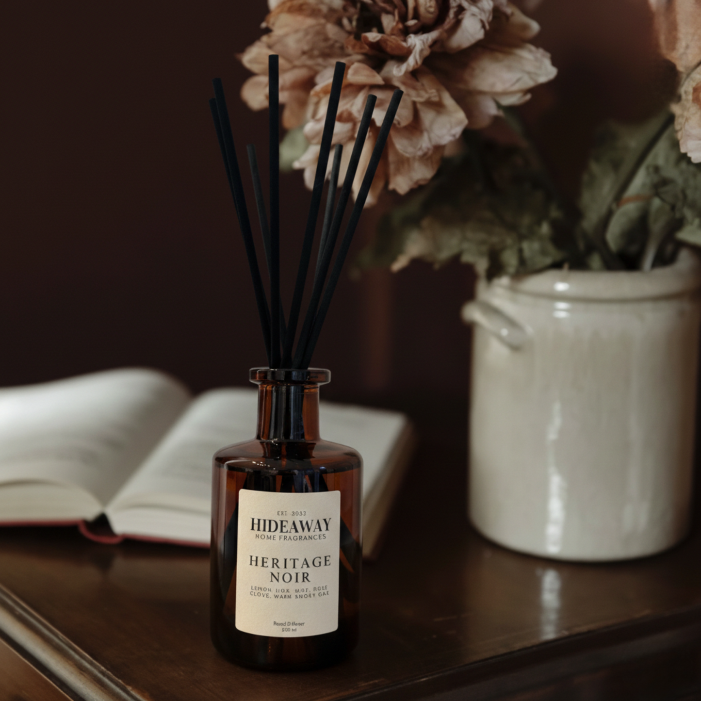 Heritage noir Amber reed diffuser, masculine smoky tobacco and cognac home fragrance