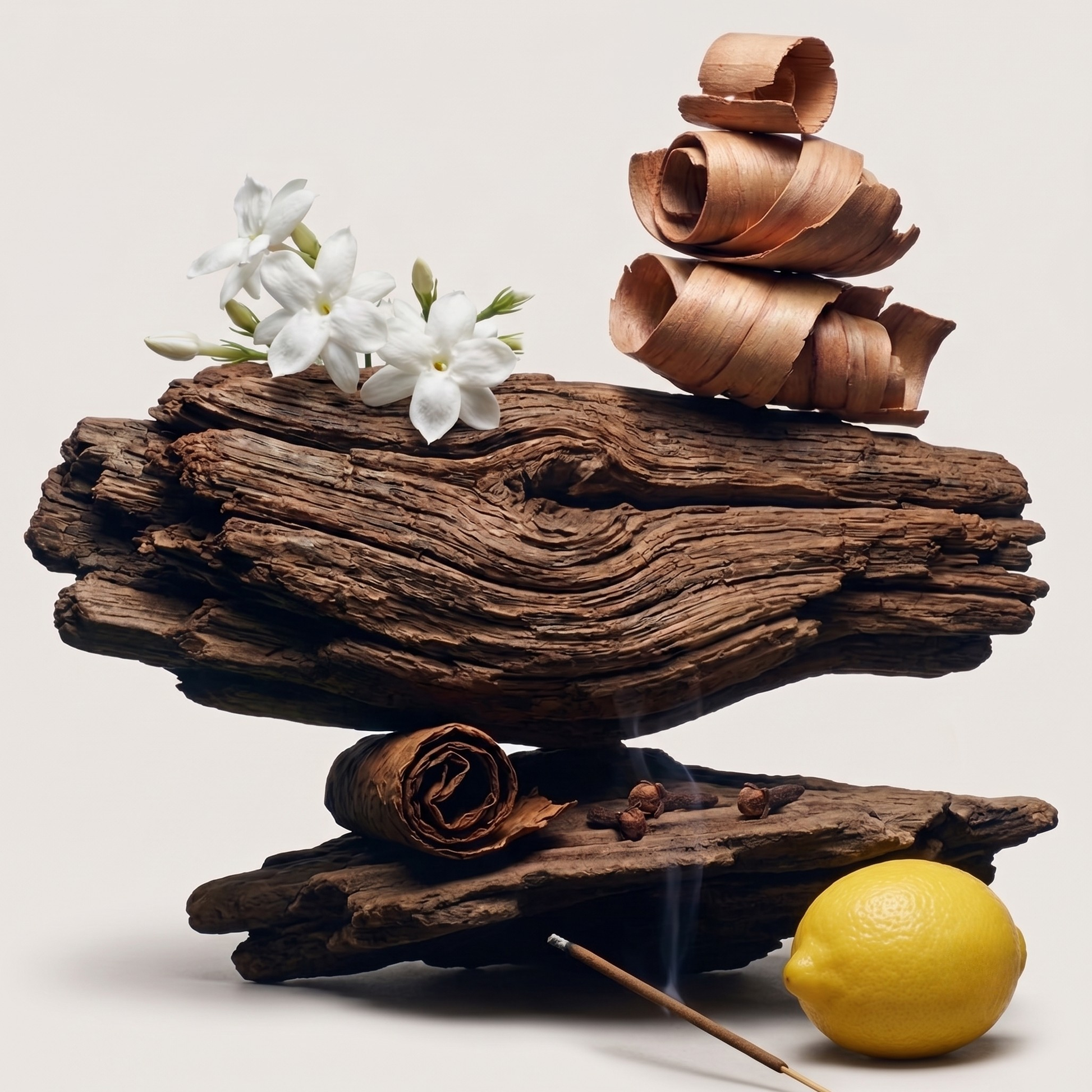 A natural ingredient composition for Heritage Noir scent, featuring raw oud wood, jasmine flowers, wood shavings, and citrus for a woody fragrance profile - Hideaway Home Fragrances