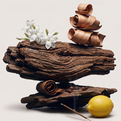 A natural ingredient composition for Heritage Noir scent, featuring raw oud wood, jasmine flowers, wood shavings, and citrus for a woody fragrance profile - Hideaway Home Fragrances