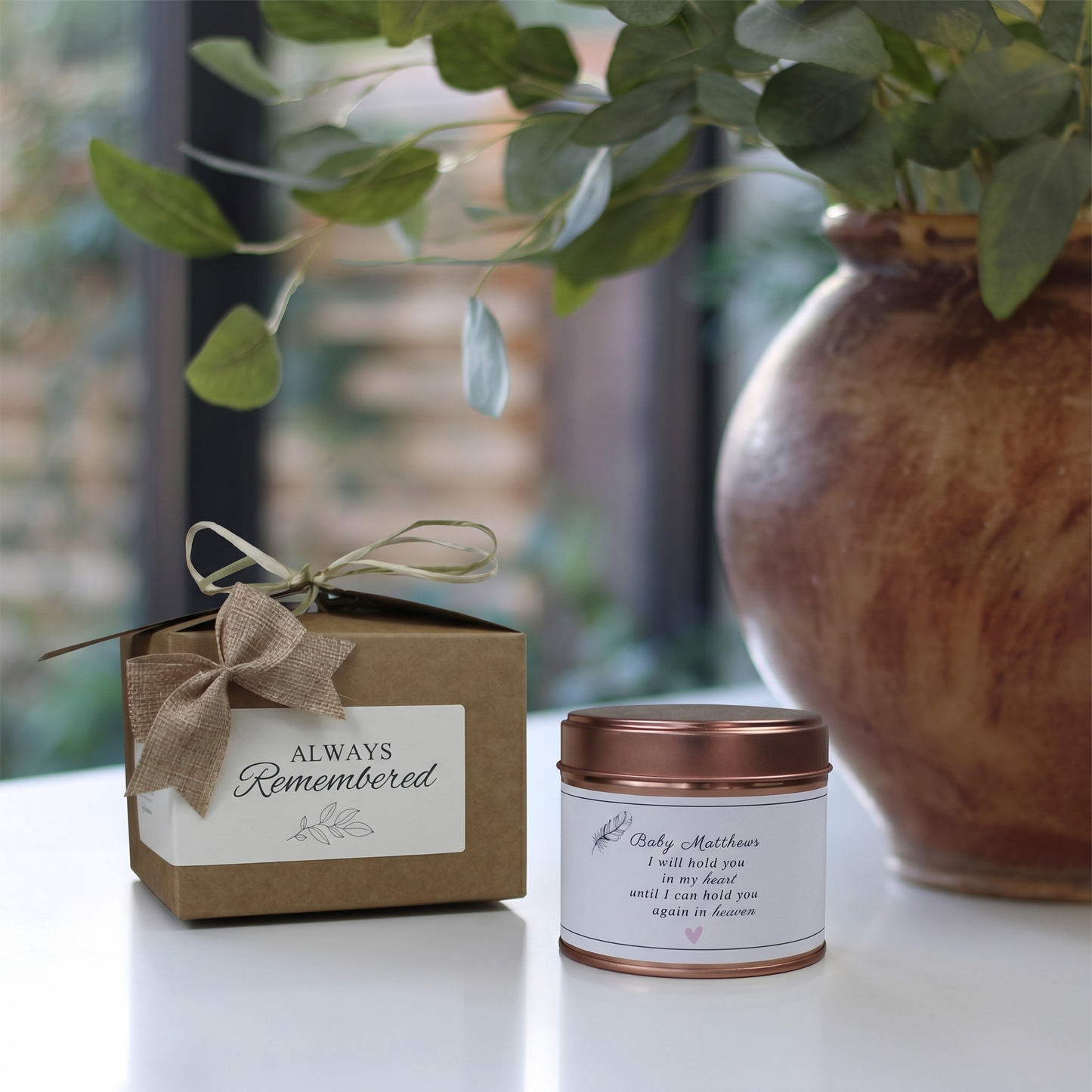 Custom infant loss sympathy remembrance gift box featuring a personalized miscarriage memorial candle and matching home fragrance diffuser by Hideaway Home Fragrances.