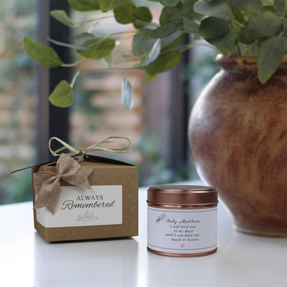 Custom infant loss sympathy remembrance gift box featuring a personalized miscarriage memorial candle and matching home fragrance diffuser by Hideaway Home Fragrances.
