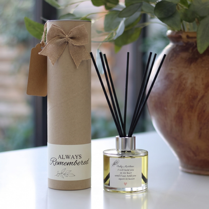 Personalised "Hold You In Heaven" candle and luxury reed diffuser keepsake gift set, beautifully packaged and ready to gift by Hideaway Home Fragrances.