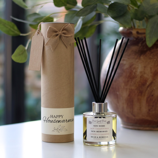Personalised "Home Sweet Home" candle and luxury reed diffuser keepsake gift set, beautifully packaged and ready to gift by Hideaway Home Fragrances.