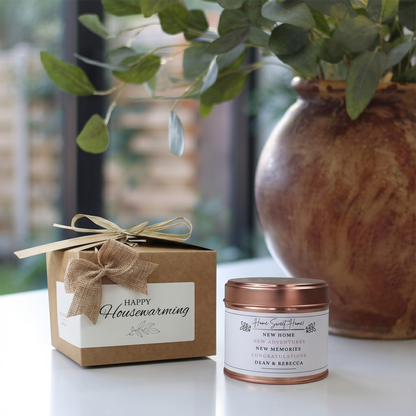 Custom housewarming care package gift box featuring a personalized classic home sweet home candle and matching home fragrance diffuser by Hideaway Home Fragrances.