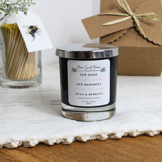 Personalised Home Sweet Home candle with names and new home message – Hideaway Home Fragrances