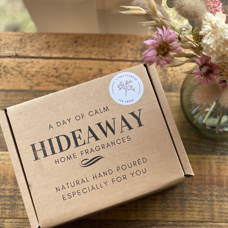 Eco-friendly postal packaging beautifully hand-stamped with care - Hideaway Home Fragrances
