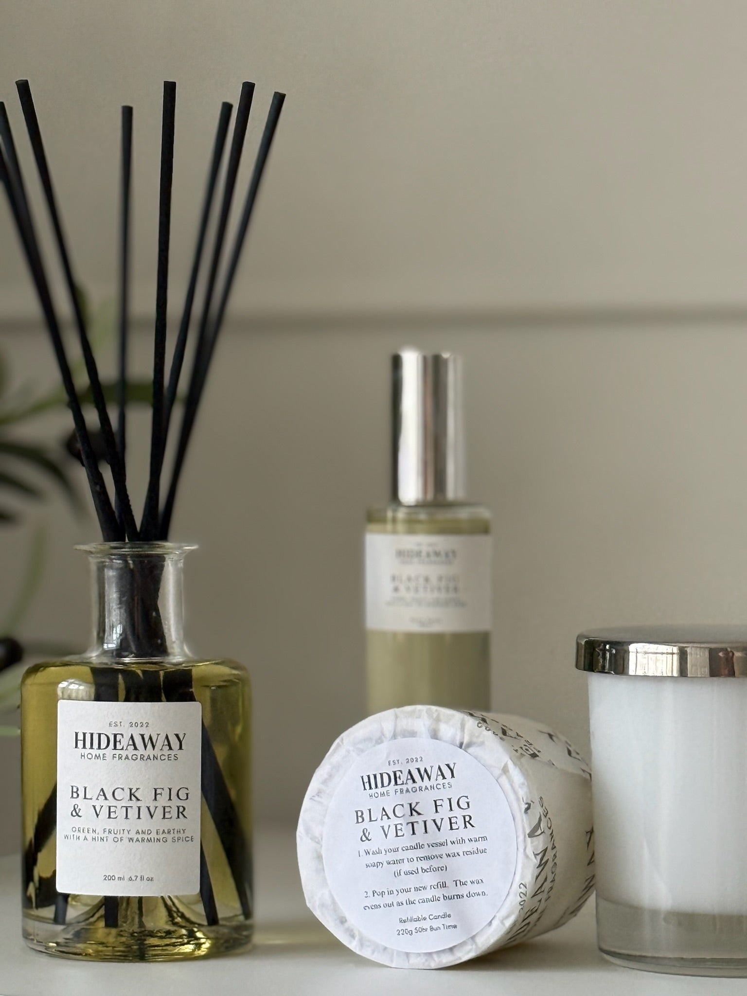 Luxury Black Fig and Vetiver Diffuser – Rich Sophisticated Grounding Aroma with Citrus, Clove, and Oak Moss | Hideaway Home Fragrances