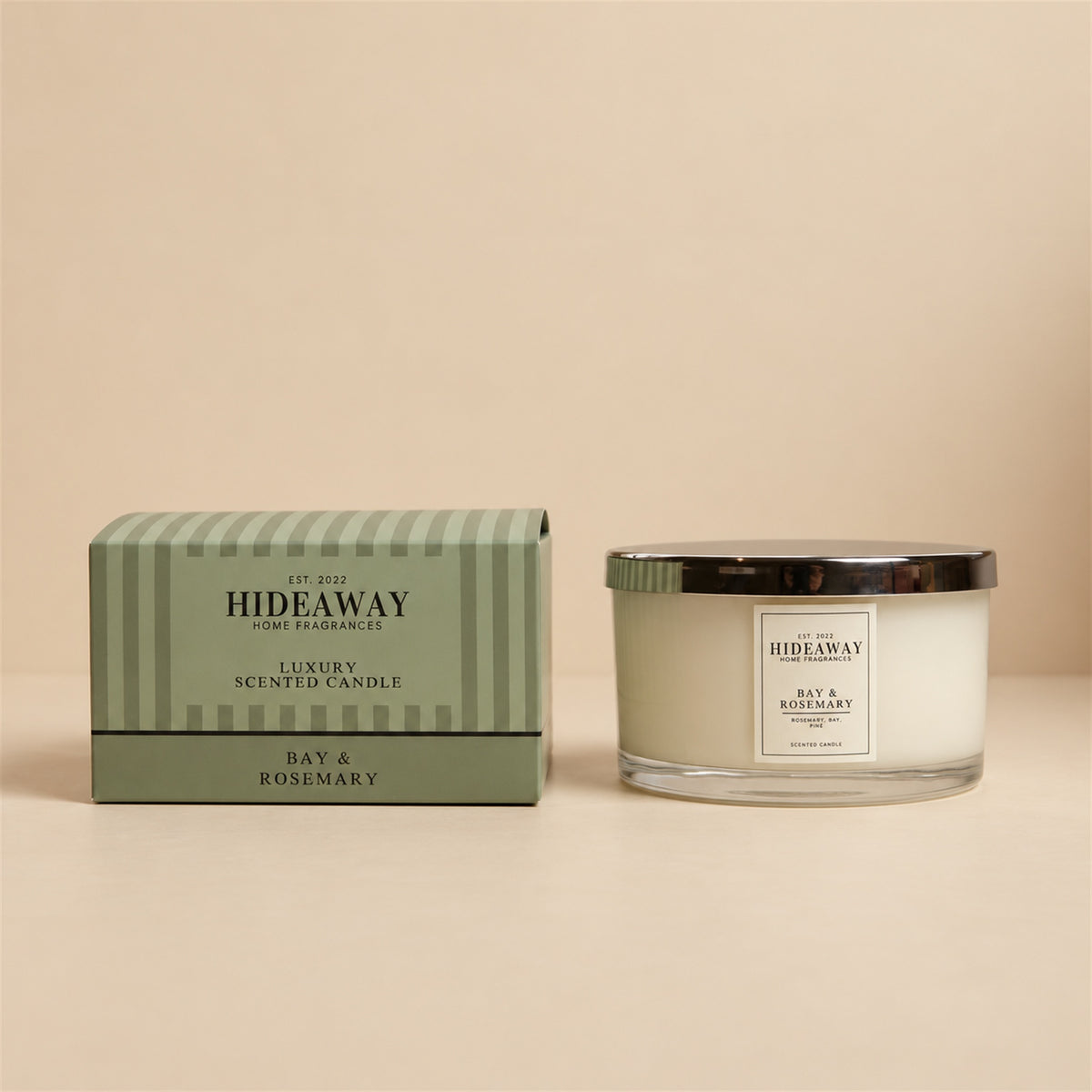 Bay & Rosemary 3-wick scented candle in 450ml glass jar with citrus, pine and lavender notes, Hideaway Home Fragrances for Nostalgic, Fresh, Grounding, Clarifying