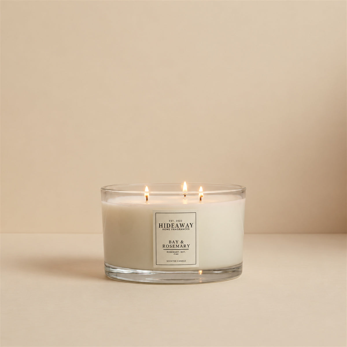 Hideaway Home Fragrances Bay and Rosemary herbal scent collection styled on a wooden shelf for a fresh botanical home atmosphere