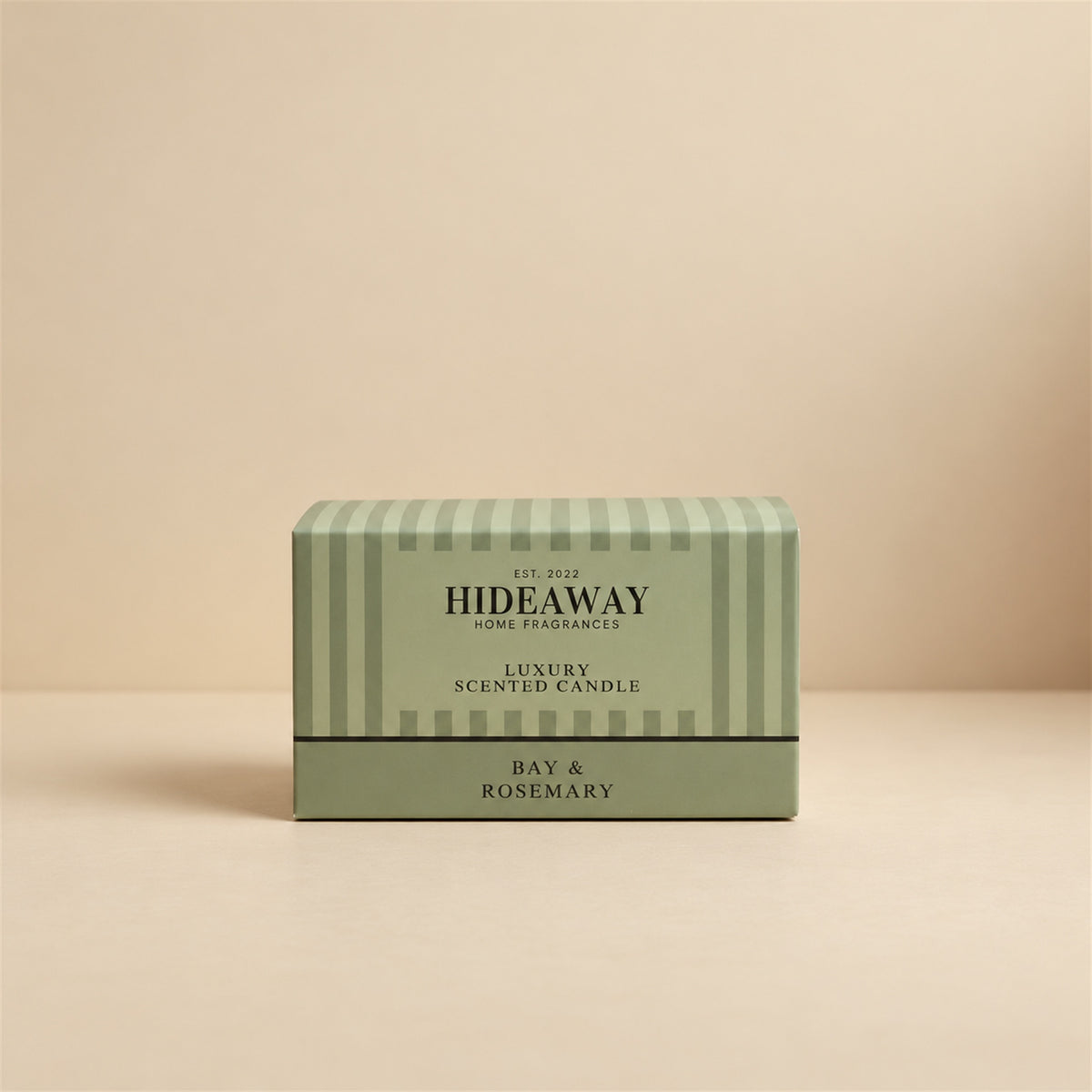 Bay & Rosemary large 3-wick candle with pine needle, lavender and musk fragrance notes styled on a mantelpiece, Hideaway Home Fragrances for Nostalgic, Fresh, Grounding, Clarifying