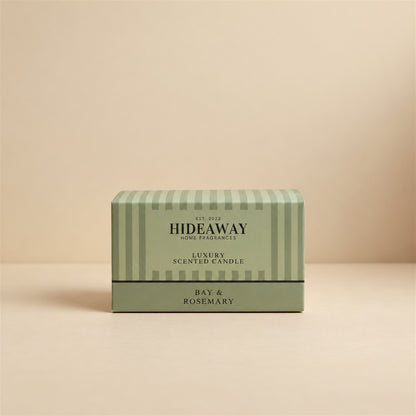 Bay & Rosemary large 3-wick candle with pine needle, lavender and musk fragrance notes styled on a mantelpiece, Hideaway Home Fragrances for Nostalgic, Fresh, Grounding, Clarifying