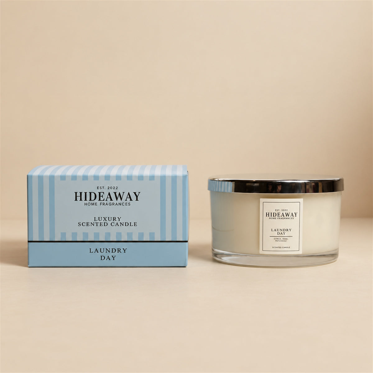Hideaway Home Fragrances Laundry Day 3 wick candle in glass jar with fresh linen scent