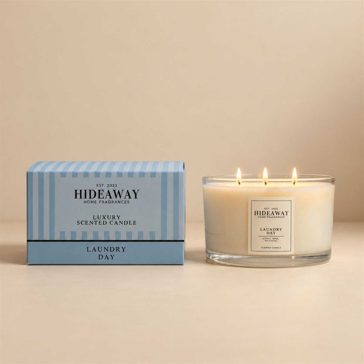 Hideaway Home Fragrances Laundry Day candle with orange peach green apple rose geranium patchouli and vanilla notes
