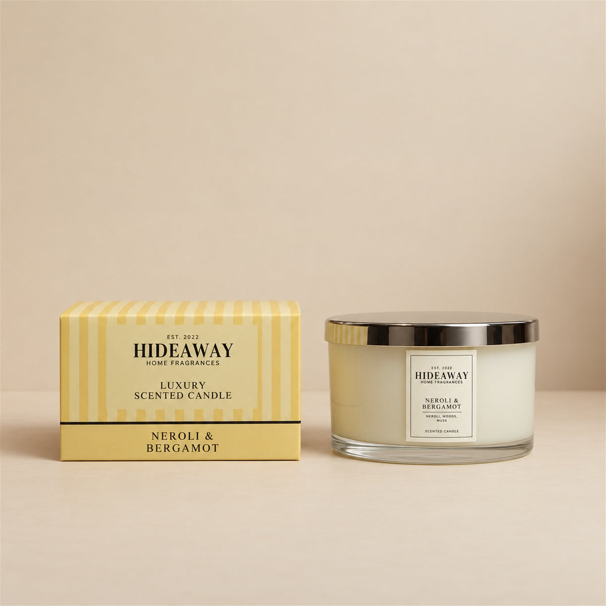 Hideaway Home Fragrances Neroli and Bergamot 3 wick candle in glass jar with citrus white floral scent