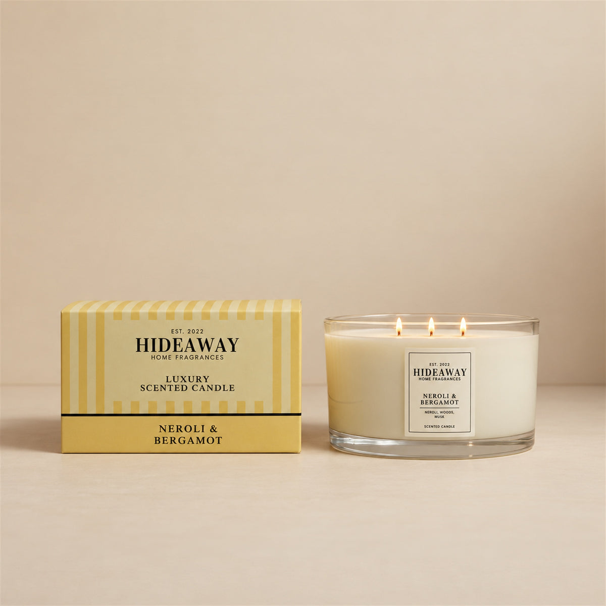 Hideaway Home Fragrances Neroli and Bergamot candle with mandarin, tea, orange blossom, jasmine, incense, and sheer musk notes