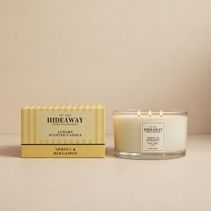 Hideaway Home Fragrances Neroli and Bergamot candle with mandarin, tea, orange blossom, jasmine, incense, and sheer musk notes
