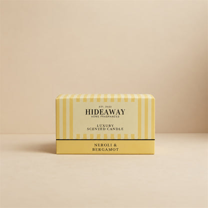 Luxury Hideaway Home Fragrances Neroli and Bergamot 3 wick candle with notes of ylang ylang, orange flower, patchouli, and incense
