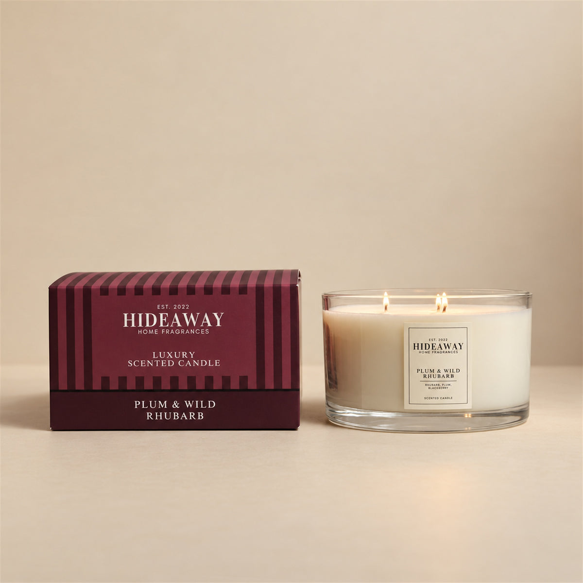 Hideaway Home Fragrances Plum and Wild Rhubarb candle with tart rhubarb, sweet peach, ripe pear, plum, and blackberry notes