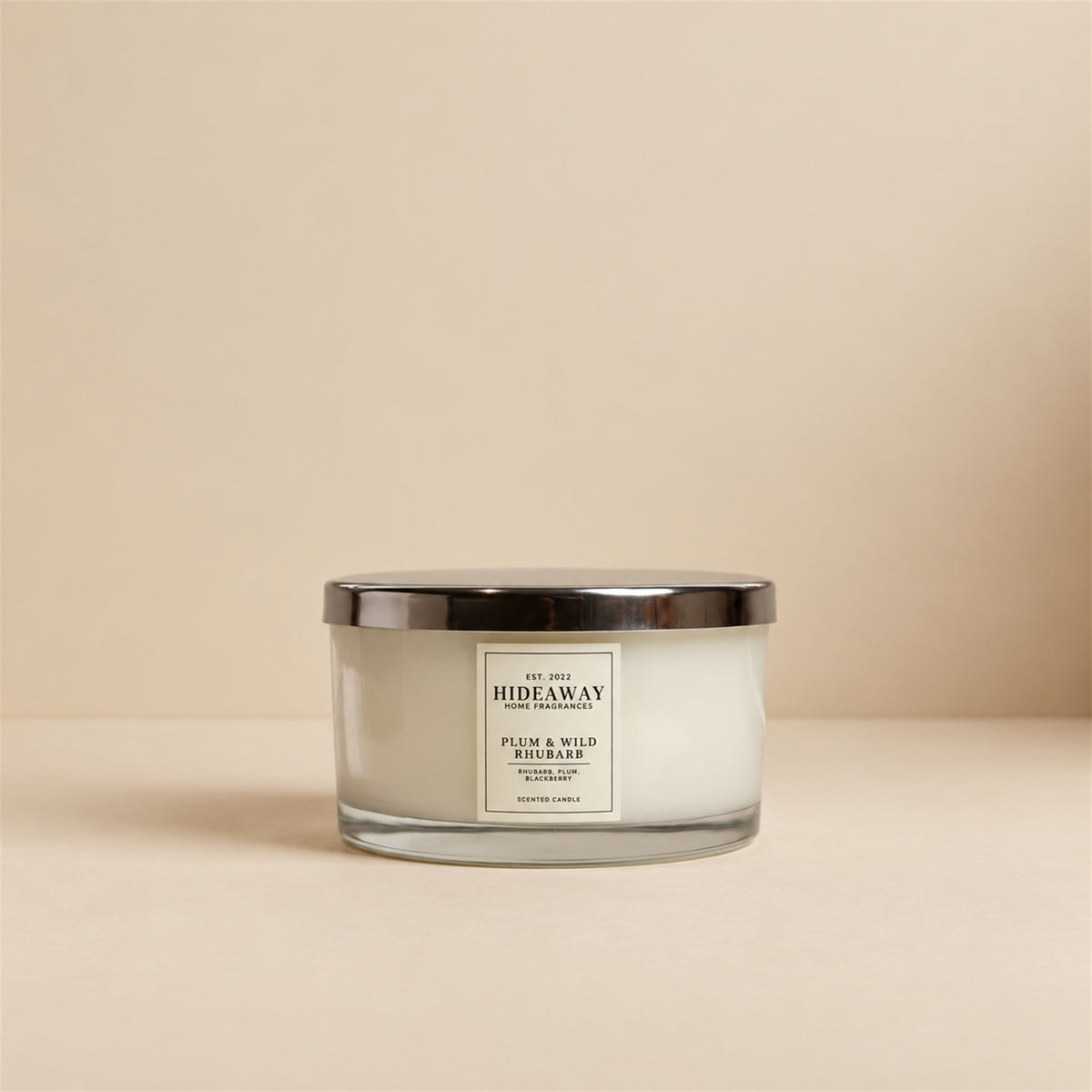 Hideaway Home Fragrances Plum and Wild Rhubarb 3 wick scented candle featuring tart rhubarb, juicy pear, and dark blackberry notes