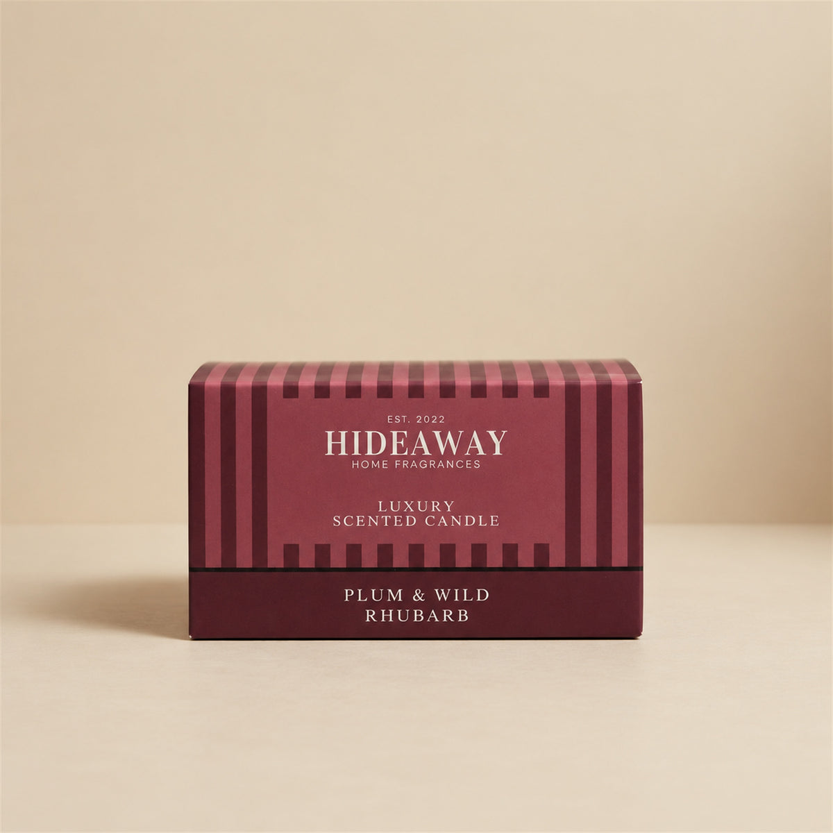 Luxury Hideaway Home Fragrances Plum and Wild Rhubarb 3 wick candle with notes of wild rhubarb, peach, plum, and blackberry
