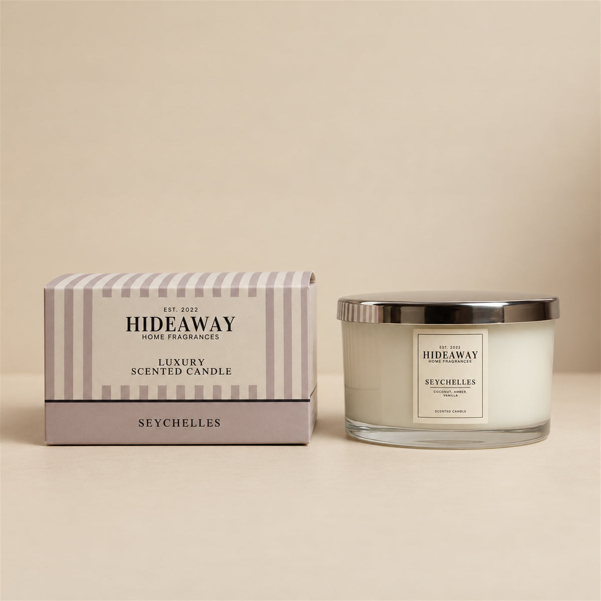 Hideaway Home Fragrances Seychelles 3 wick candle in glass jar with warm tropical coconut scent