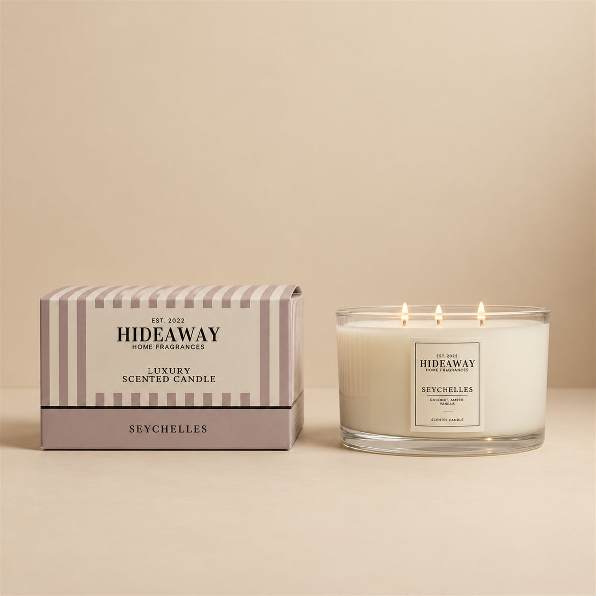 Hideaway Home Fragrances Seychelles candle with coconut, bergamot, amber, jasmine, butter, and warm vanilla notes