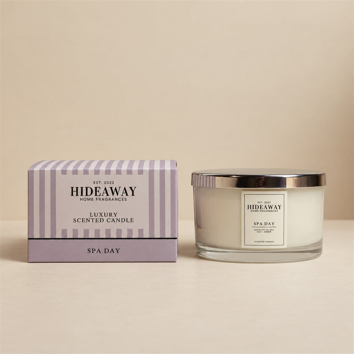 Hideaway Home Fragrances Spa Day 3 wick candle in glass jar with fresh eucalyptus sea salt scent