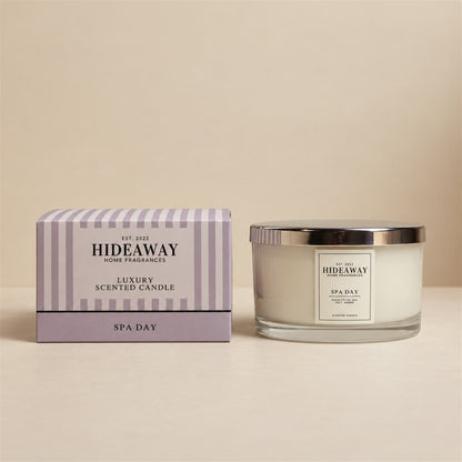 Hideaway Home Fragrances Spa Day 3 wick candle in glass jar with fresh eucalyptus sea salt scent