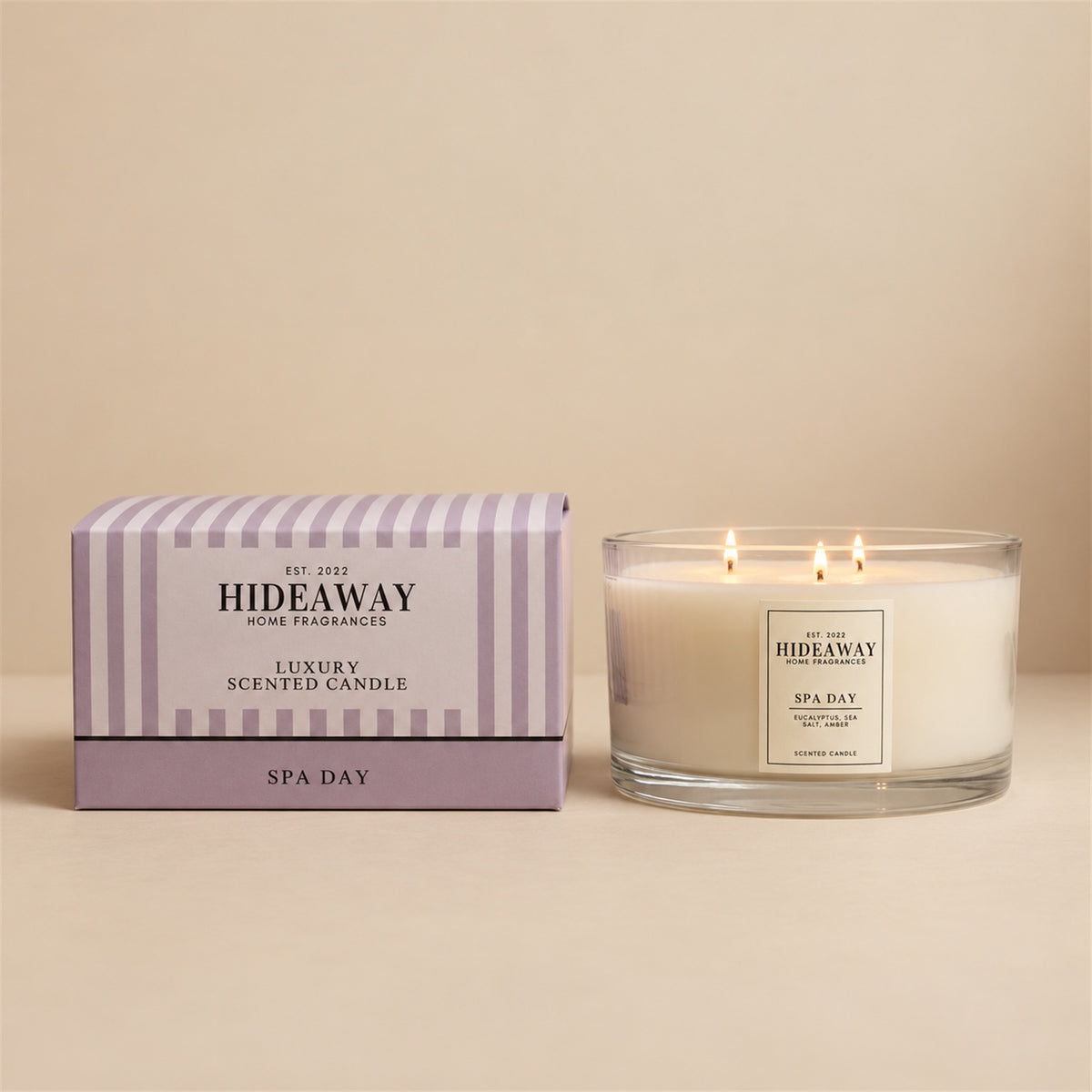 Hideaway Home Fragrances Spa Day candle with pine, eucalyptus, thyme, sea salt, ozone, jasmine, lily, and golden amber notes