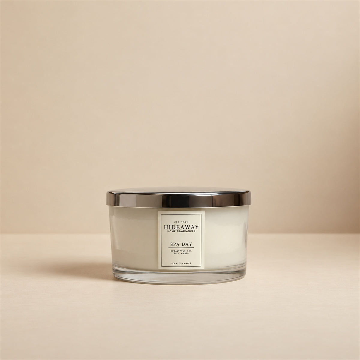 Hideaway Home Fragrances Spa Day 3 wick scented candle featuring refreshing eucalyptus, sea salt, and soft floral notes
